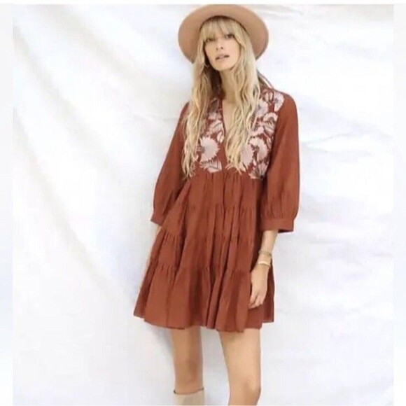 Anthropologie Samant Chauhan Dress M Embroidered Tiered Mini Babydoll Spice Boho - Picture 5 of 15